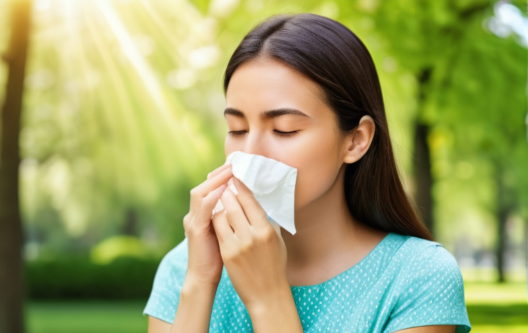 알레르기 검사와 치료 병원 추천 - **Prompt 1: Seasonal Allergy Relief in a Blooming Park**
    "A candid shot of a young adult woman (...