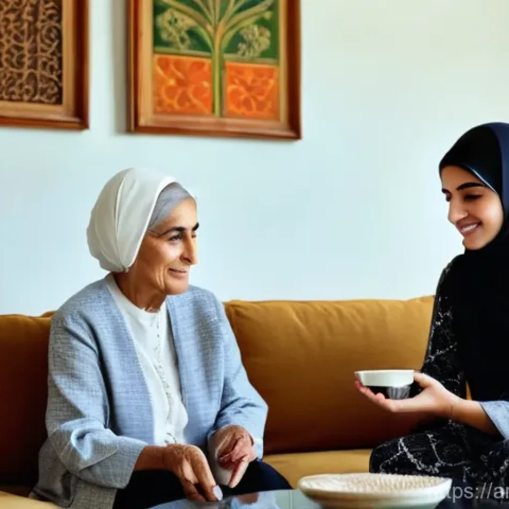 당뇨 합병증 예방을 위한 정기 검진 - **Prompt:** "A warm and inviting scene inside a modern Arabic home, bathed in soft, natural light. A...