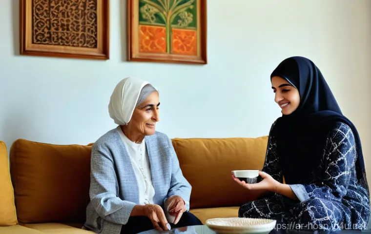 당뇨 합병증 예방을 위한 정기 검진 - **Prompt:** "A warm and inviting scene inside a modern Arabic home, bathed in soft, natural light. A...