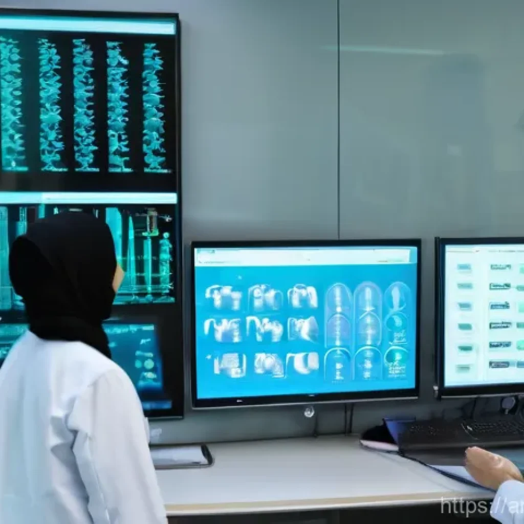 전문 병원과 종합병원의 협진 사례 - **Prompt 1: Integrated Care Team Reviewing Patient Data in a Modern Arabic Hospital**
"A wide sh...