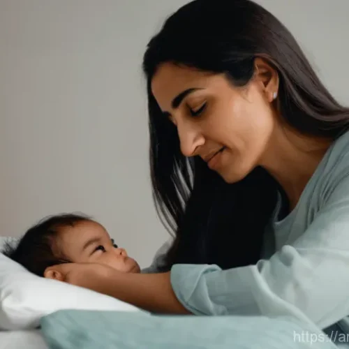 Home 28 소아 응급실에서 자주 다루는 사례 - A serene scene featuring a compassionate Arab mother gently placing a cool, damp cloth on her toddle...