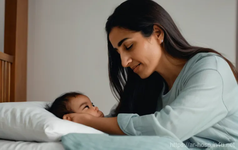 소아 응급실에서 자주 다루는 사례 - A serene scene featuring a compassionate Arab mother gently placing a cool, damp cloth on her toddle...