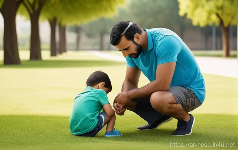 소아 응급실에서 자주 다루는 사례 - A serene scene featuring a compassionate Arab mother gently placing a cool, damp cloth on her toddle...
