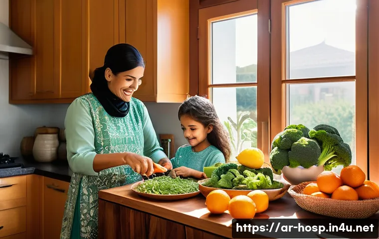감염내과에서 진단 가능한 전염병 - **Prompt:** A vibrant, sun-drenched kitchen in an Arab household. A cheerful mother, wearing a modes...