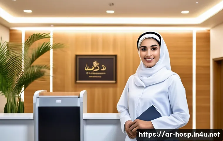 임신 초기 산부인과 방문 준비물 - A welcoming modern medical clinic reception area in Riyadh, Saudi Arabia, decorated with Arabic call...