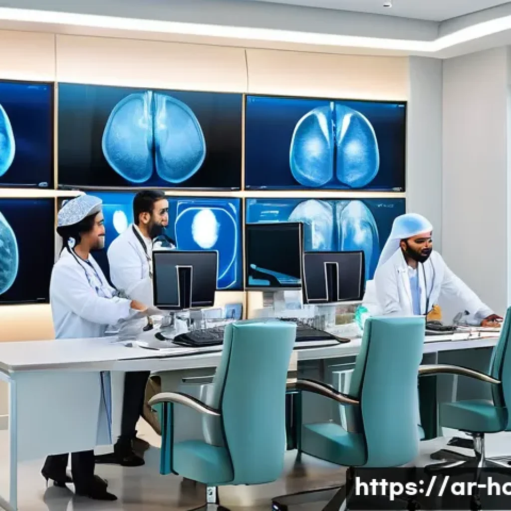 디스크 치료 병원의 선택 기준 - A modern hospital interior specializing in spinal disc treatment, showcasing a team of diverse Arab ...