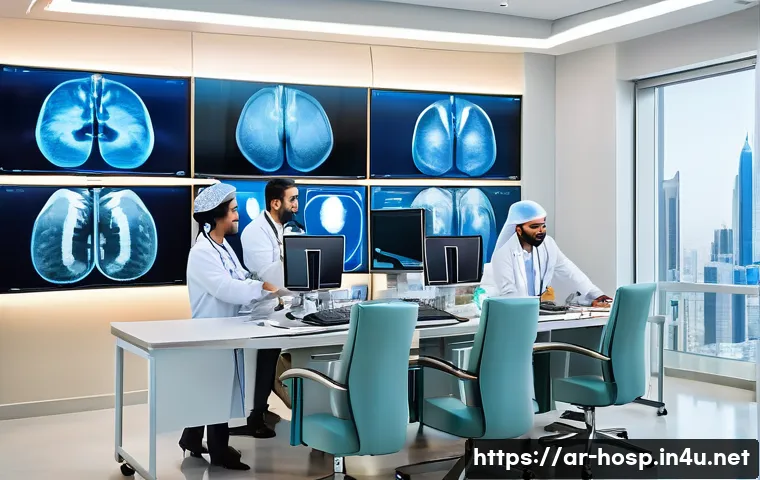 디스크 치료 병원의 선택 기준 - A modern hospital interior specializing in spinal disc treatment, showcasing a team of diverse Arab ...