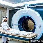 뇌 MRI 검사와 CT 검사 비교 - A modern medical imaging room in a Middle Eastern hospital, featuring a patient lying comfortably in...