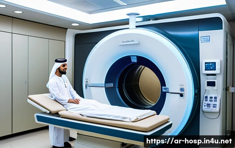 뇌 MRI 검사와 CT 검사 비교 - A modern medical imaging room in a Middle Eastern hospital, featuring a patient lying comfortably in...