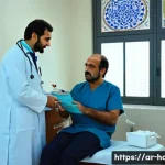정형외과에서 무릎 통증 치료 방법 - A detailed medical clinic scene in an Arabic setting showing a middle-aged Arab man wearing modest c...