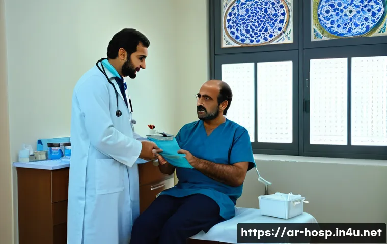 정형외과에서 무릎 통증 치료 방법 - A detailed medical clinic scene in an Arabic setting showing a middle-aged Arab man wearing modest c...