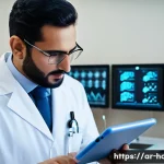 소화불량으로 내원 시 필요한 검사 - A modern medical laboratory scene showing a Middle Eastern male doctor in a white coat reviewing com...