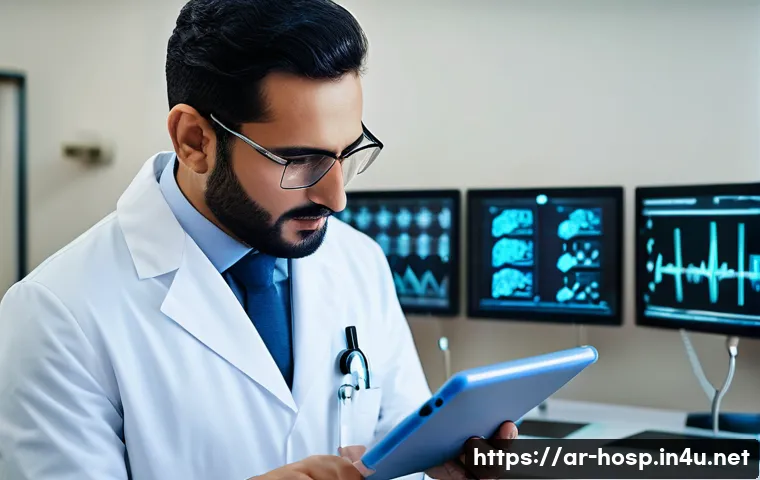 소화불량으로 내원 시 필요한 검사 - A modern medical laboratory scene showing a Middle Eastern male doctor in a white coat reviewing com...