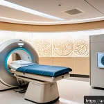 최신 MRI 장비 스펙 비교 - A modern MRI machine room in a busy Arabic hospital, showcasing a sleek 3 Tesla MRI scanner with adv...