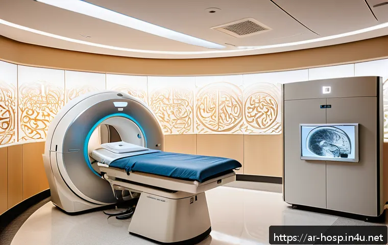 최신 MRI 장비 스펙 비교 - A modern MRI machine room in a busy Arabic hospital, showcasing a sleek 3 Tesla MRI scanner with adv...