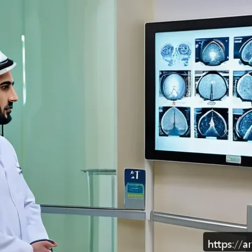 의료기기 MRI CT 초음파의 차이 - A modern medical clinic room in Riyadh, Saudi Arabia, showing an Arabic-speaking middle-aged man con...