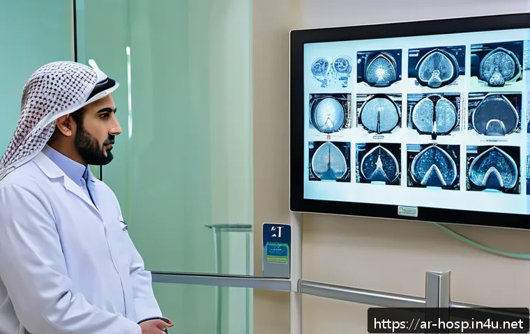 의료기기 MRI CT 초음파의 차이 - A modern medical clinic room in Riyadh, Saudi Arabia, showing an Arabic-speaking middle-aged man con...