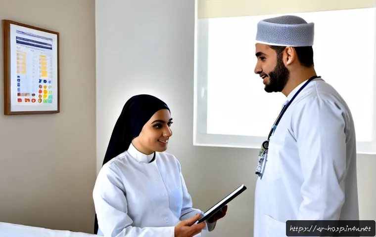 임산부를 위한 종합검진 패키지 비교 - Photorealistic prenatal health check consultation in a modern Gulf Arab medical clinic, visibly preg...